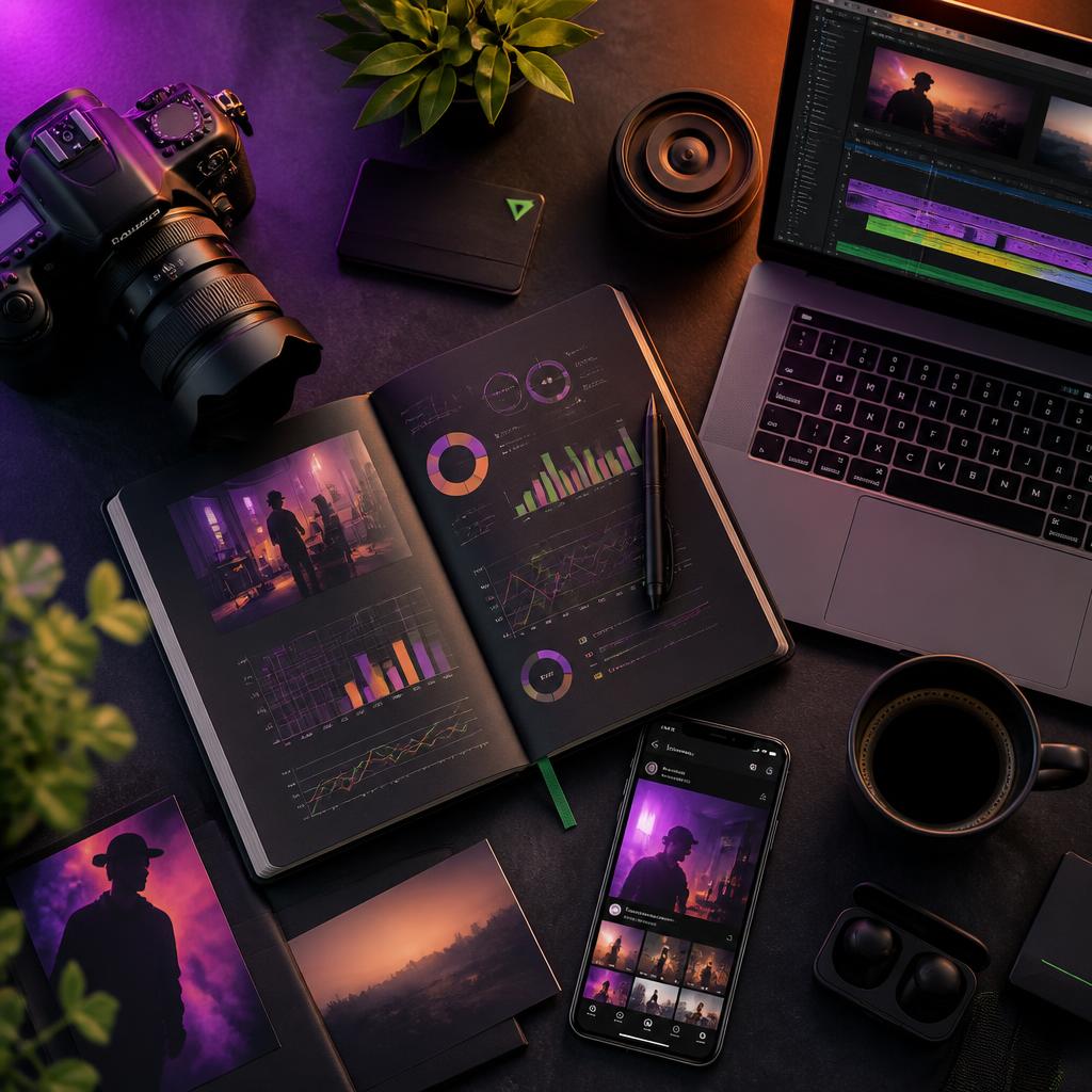Câmera, notebook, dashboards e celular sobre uma mesa
